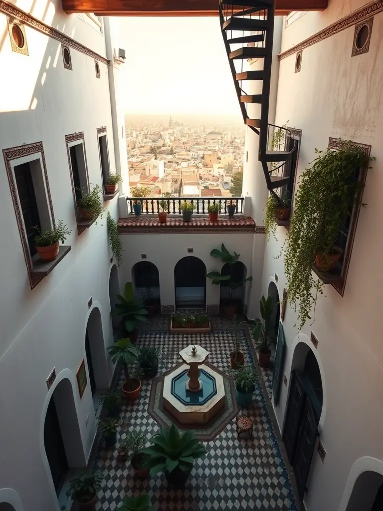 A traditional riad in the heart of Fes, showcasing intricate tilework, a central courtyard, and a rooftop terrace with city views.