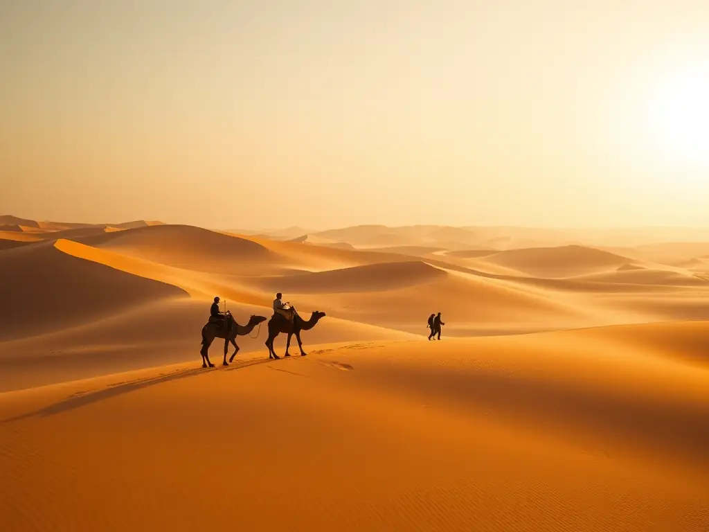 A breathtaking image of the Sahara Desert at sunrise, with rolling sand dunes and a camel caravan in the distance. The scene should convey the vastness and beauty of the desert landscape.