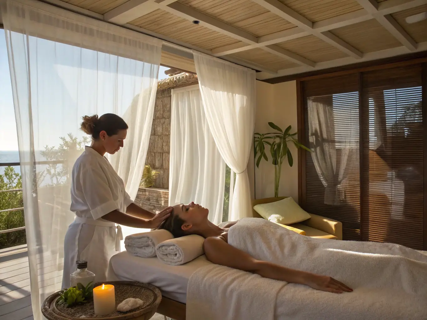 A serene spa setting with soft lighting, featuring a woman receiving a gentle facial massage, emphasizing relaxation and personalized care.