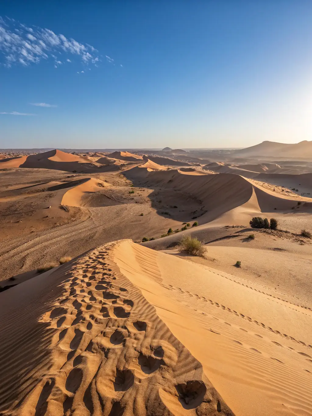 A serene view of the Ouarzazate desert landscape, with rolling sand dunes and clear blue skies, capturing the tranquility and beauty of the Sahara.