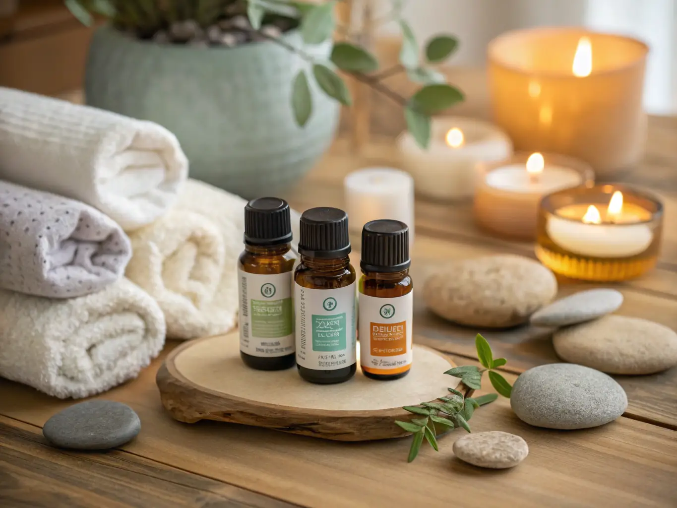 A luxurious spa room with natural light, showcasing a beautifully arranged selection of essential oils and aromatherapy diffusers, highlighting the sensory experience.