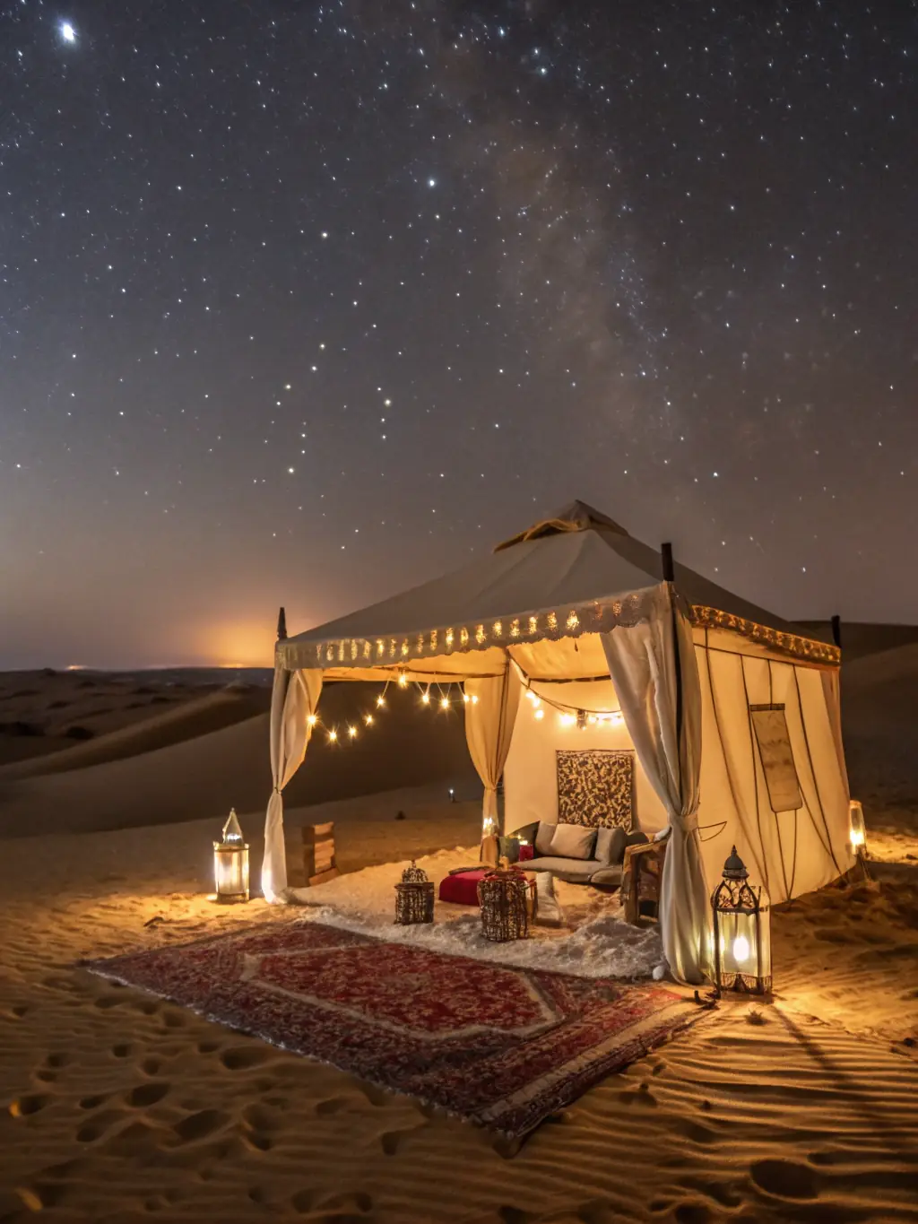 A beautifully arranged table setting under a traditional nomad tent in the Agafay Desert, with lanterns casting a warm glow and delicious Moroccan dishes on display.