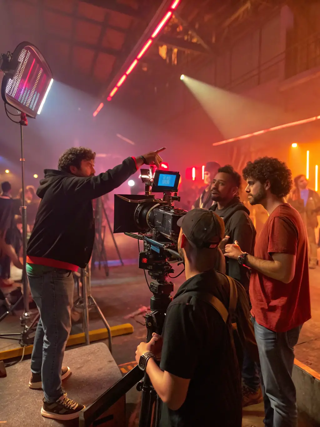 A bustling scene inside the Atlas Film Studios, with various movie sets and props visible, highlighting the cinematic history of Ouarzazate.