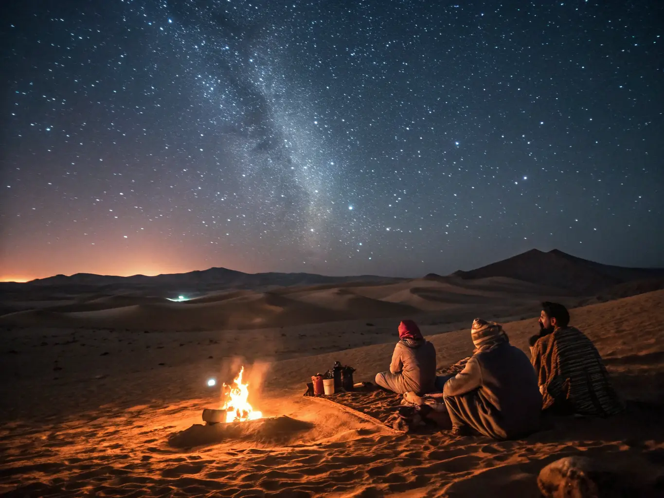 A medium shot of a nomad family in traditional clothing, sitting around a campfire in their desert camp. They are smiling and interacting with a group of tourists, sharing stories and demonstrating traditional crafts.