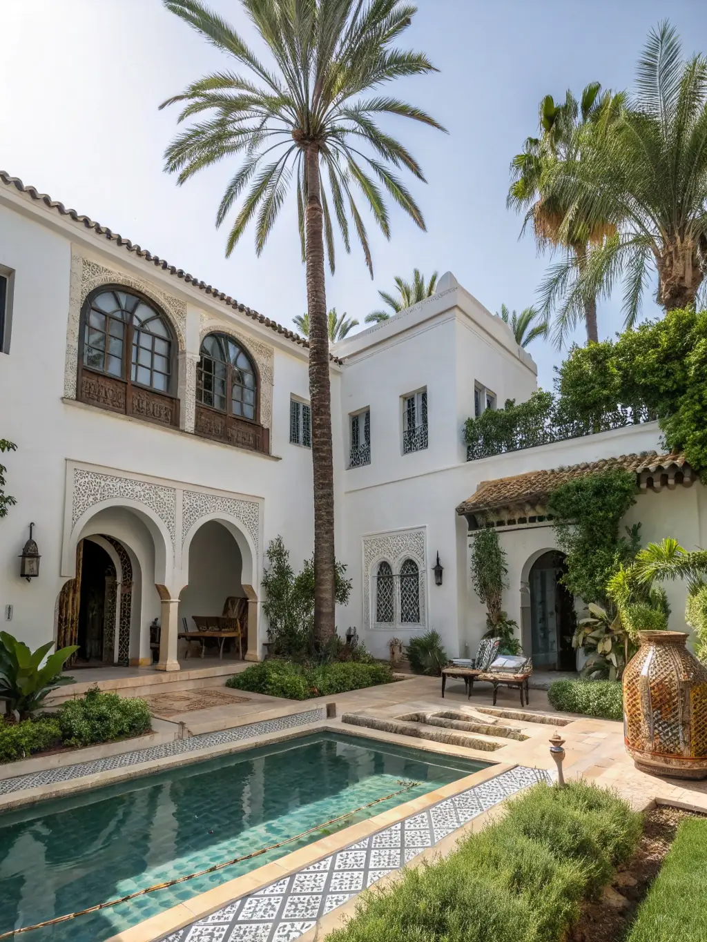 A grand villa in the Atlas Mountains, featuring panoramic views, a traditional Berber design, and luxurious amenities, set against a backdrop of rugged mountains.