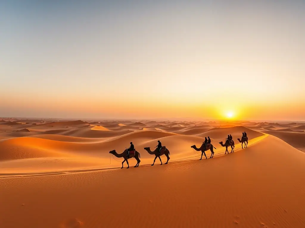A wide shot of a group of tourists on camels, trekking through the Sahara Desert at sunset, with golden sand dunes stretching into the horizon. The sky is a mix of orange, pink, and purple hues, creating a warm and inviting atmosphere.