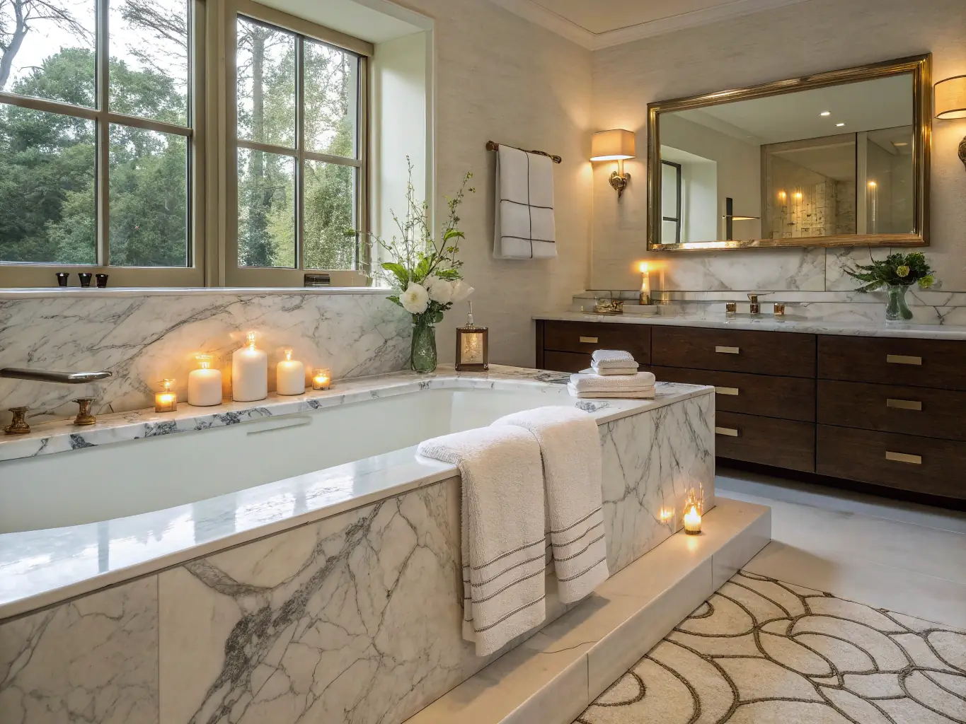 A serene bathroom setting with soft lighting, featuring a professional waxing kit neatly arranged on a marble countertop, emphasizing the luxury and convenience of home waxing.