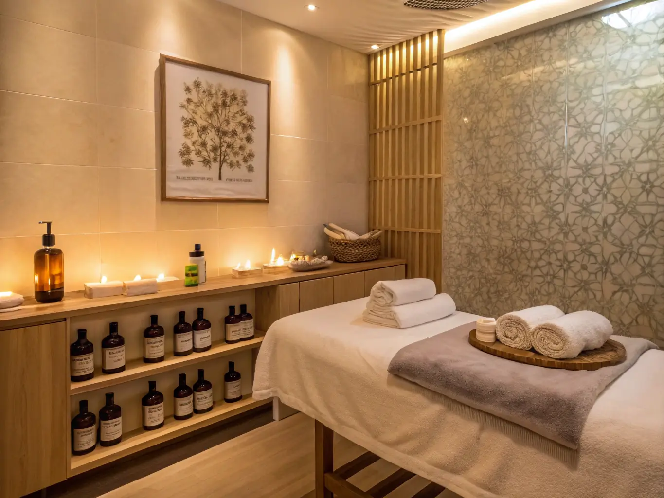 A serene spa room in a luxury riad, featuring soft lighting, traditional Moroccan decor, and a massage table prepared for a rejuvenating treatment. The scene evokes a sense of calm and indulgence.