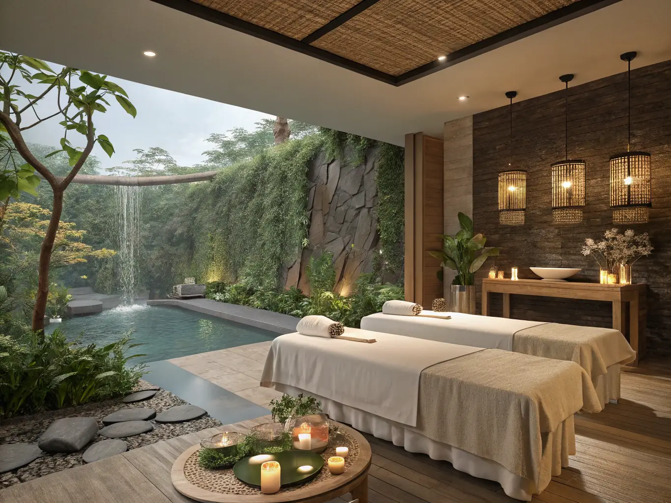 A serene spa setting in Marrakech, featuring traditional Moroccan architecture and lush greenery, evoking a sense of relaxation and rejuvenation.