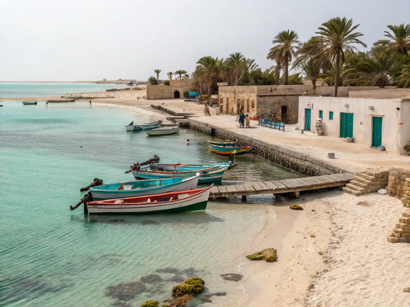 A serene image of the coastal town of Essaouira, featuring the blue and white architecture, the Atlantic ocean, and traditional fishing boats. The scene should evoke a sense of tranquility and coastal charm.