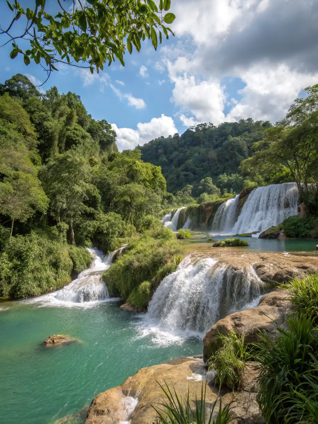 A serene image of the Setti Fatma waterfalls cascading down the rocks in the Ourika Valley, surrounded by lush greenery and clear water.