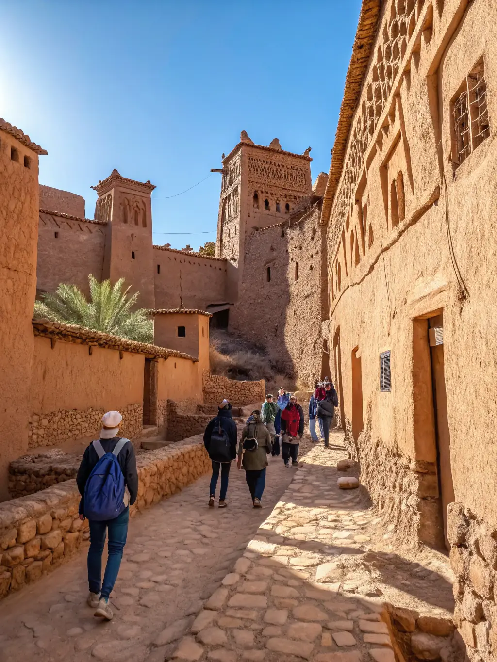 A panoramic view of the Kasbah of Aït Benhaddou at sunset, showcasing its ancient architecture and strategic location in the Ouarzazate region.