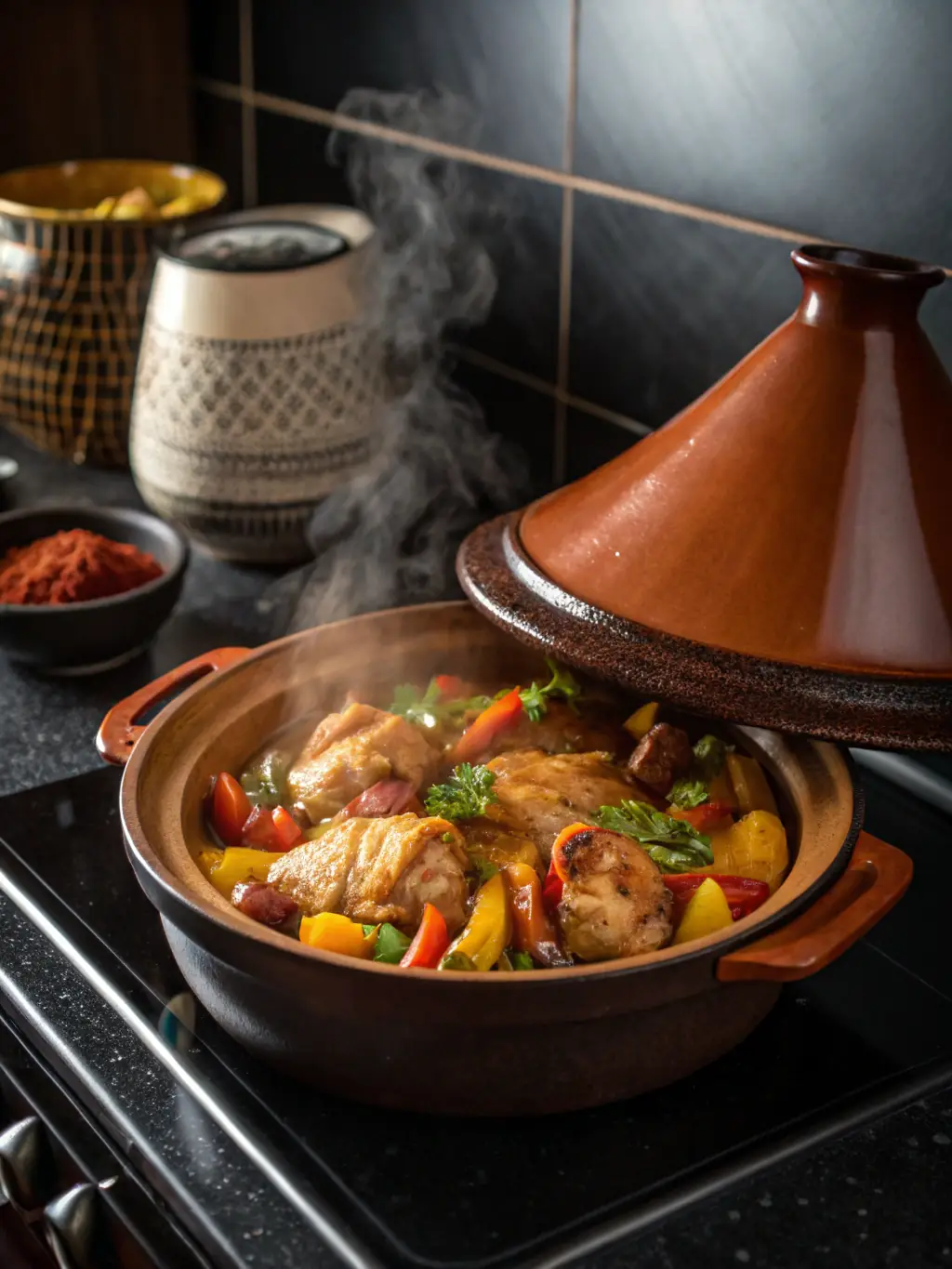 A close-up shot of a traditional Moroccan tagine being prepared, with vibrant spices and fresh ingredients, representing the culinary delights of Ouarzazate.