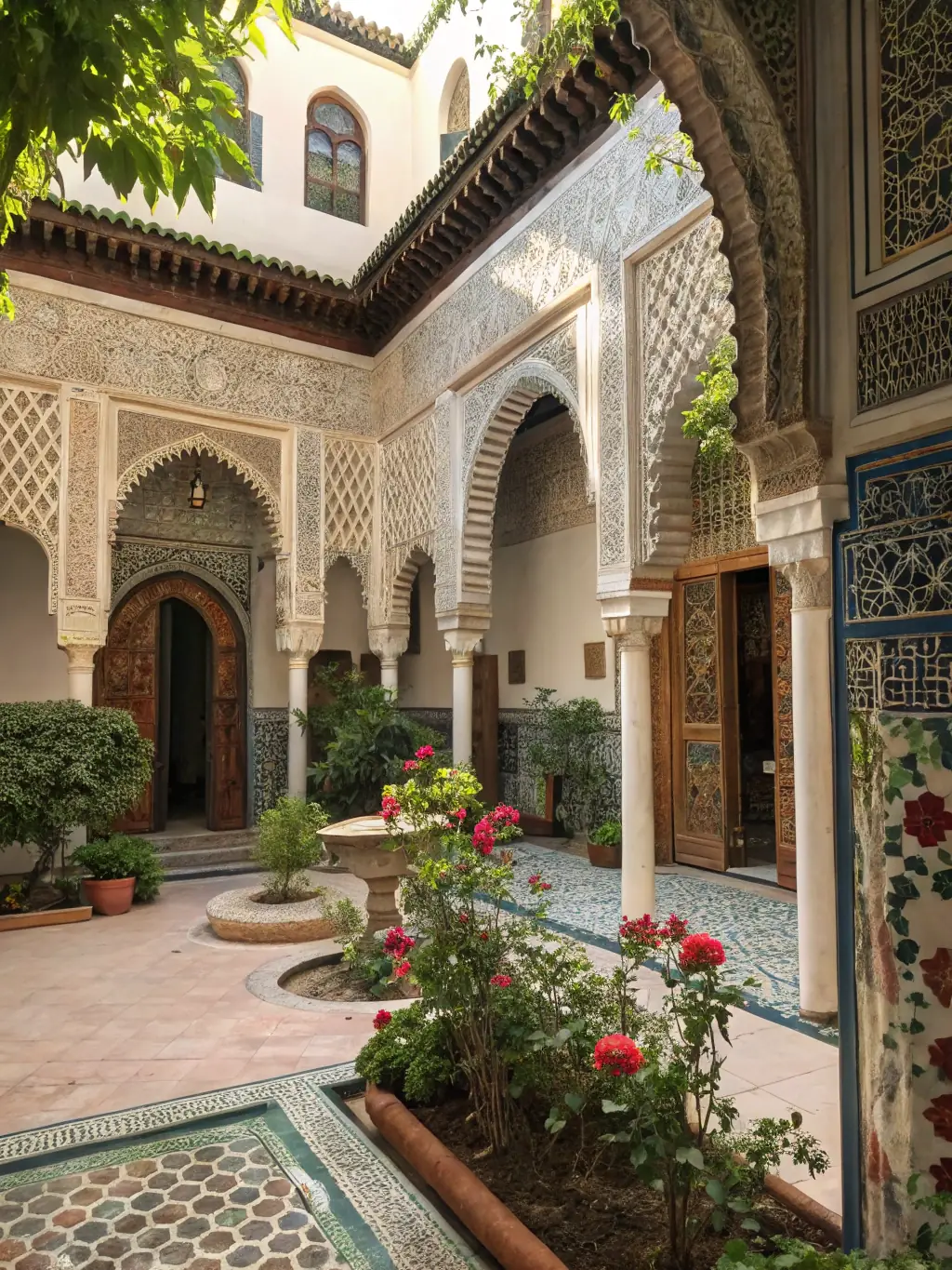 A traditional riad in the heart of Fes, showcasing intricate tilework, a central courtyard, and luxurious furnishings, reflecting the rich cultural heritage of Morocco.