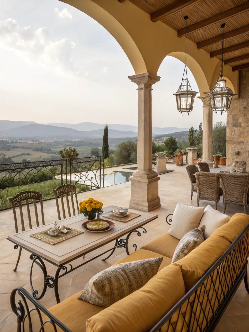 A photograph showcasing the Zellige Suite's private terrace, furnished with comfortable seating and offering panoramic views of Marrakech.