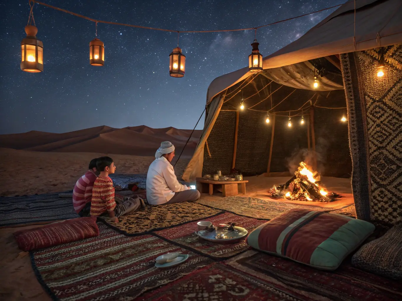 A close-up shot of a beautifully arranged picnic setup in the middle of the desert, with traditional Moroccan rugs, cushions, and lanterns. The table is laden with delicious Moroccan dishes, including tagine, couscous, and fresh fruits.