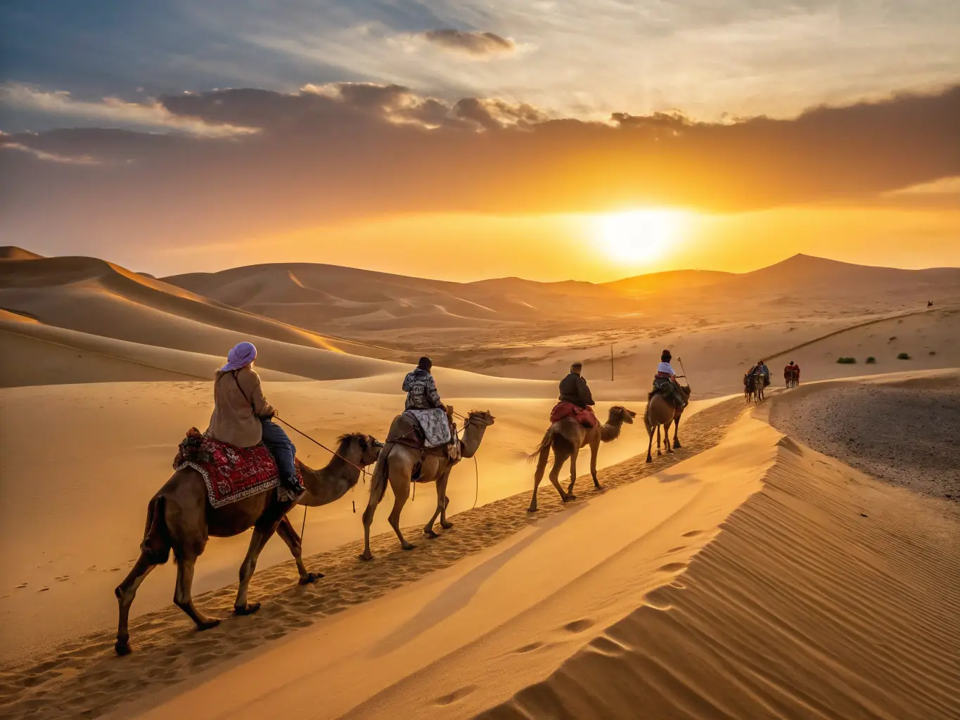 A group of travelers riding camels through the Sahara Desert at sunset, capturing the spirit of adventure and exploration in Morocco.