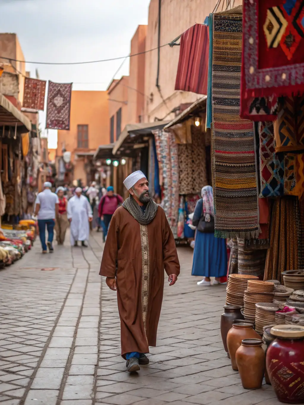 A vibrant photograph capturing the bustling atmosphere of a traditional Berber market in the Ourika Valley, showcasing colorful textiles, spices, and local crafts.