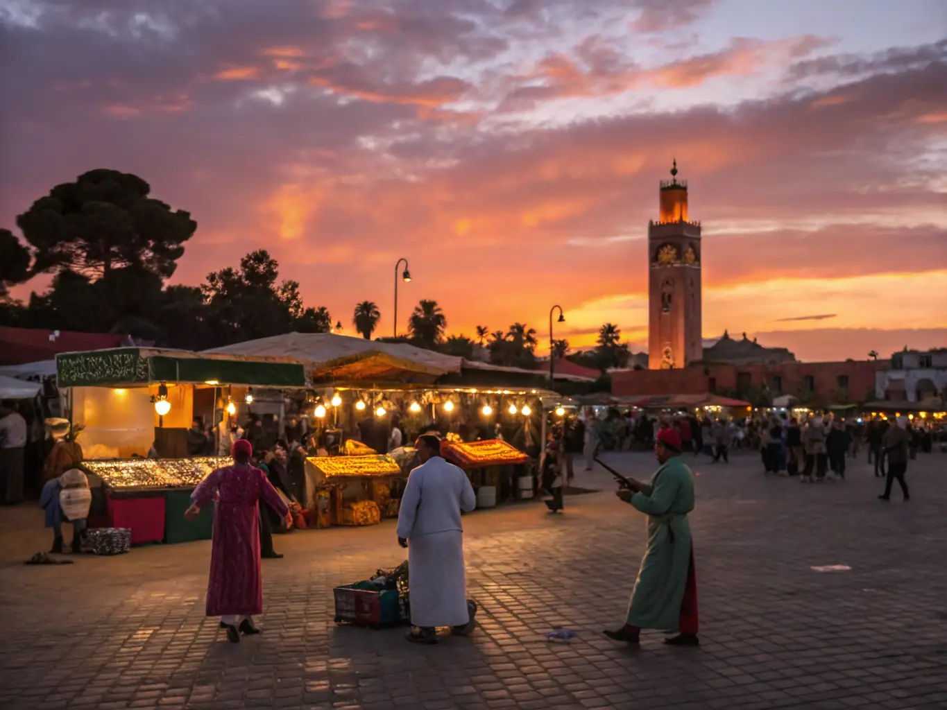 A vibrant image capturing the Djemaa el-Fna square in Marrakech at sunset, with storytellers, food stalls, and the Koutoubia Mosque in the background. The scene should convey the energy and cultural richness of Marrakech.
