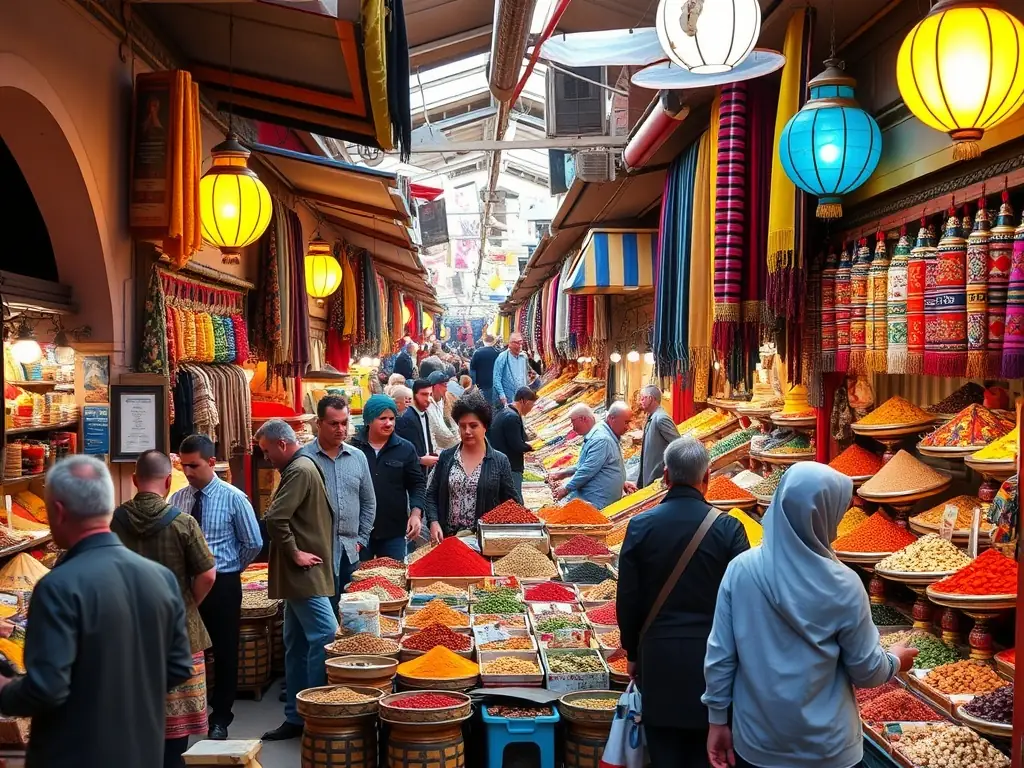 A bustling Marrakech marketplace scene with vibrant colors, exotic spices, and traditional crafts, capturing the essence of Moroccan culture and trade.