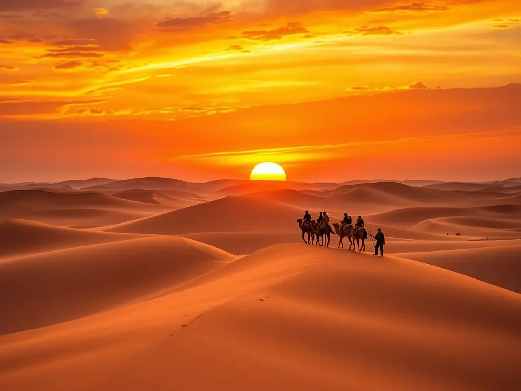 A serene image of the Sahara Desert at sunset, with rolling sand dunes and a camel caravan, evoking a sense of adventure and tranquility.