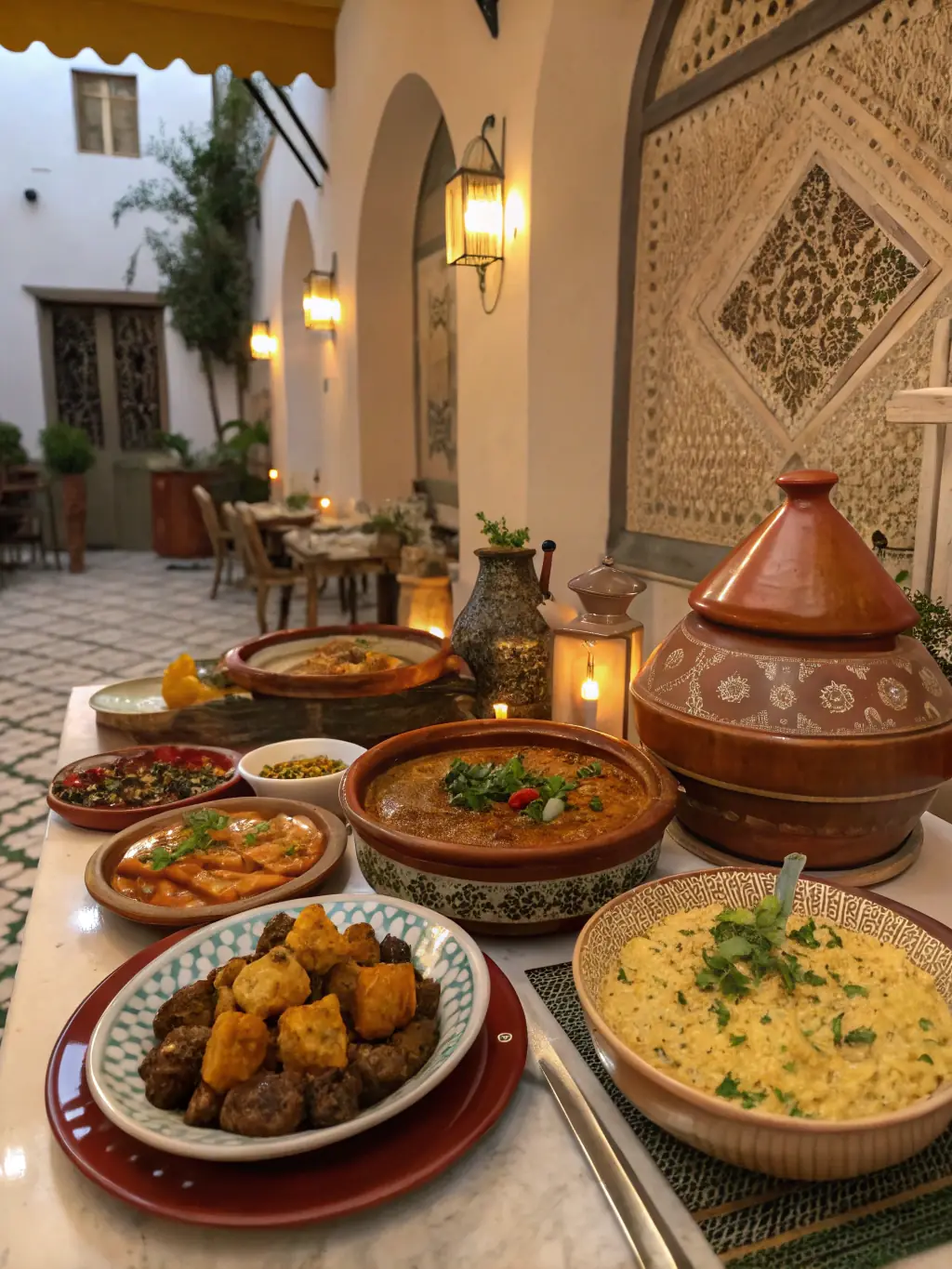 A picture of the Zellige Suite's gourmet dining experience, showcasing a beautifully set table with Moroccan cuisine.