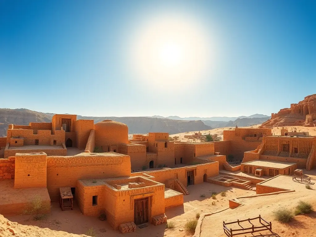A picturesque image of Ait Benhaddou, a famous kasbah, highlighting its historical significance and architectural beauty.