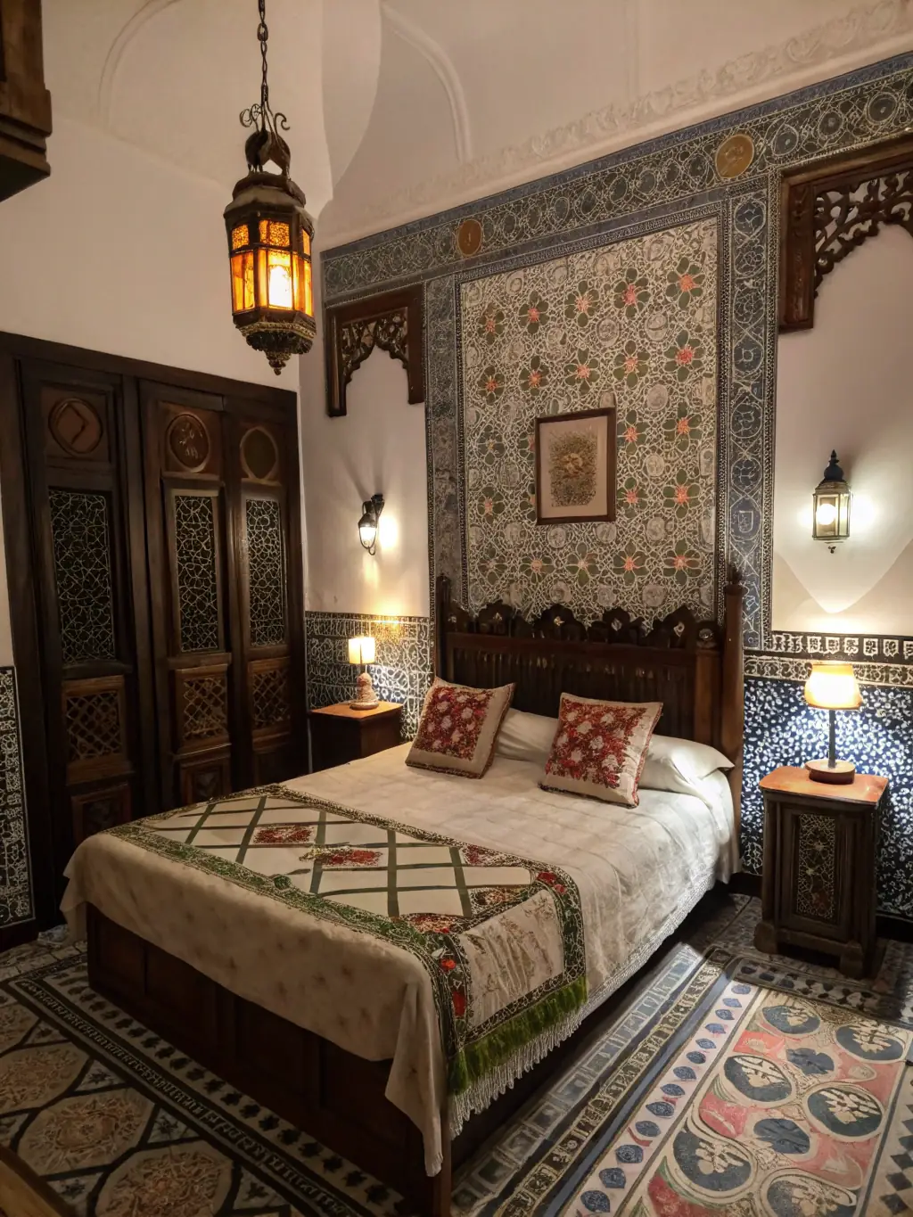 A photo of the Zellige Suite's spacious living area, decorated with elegant Moroccan furnishings and offering a comfortable space for relaxation.