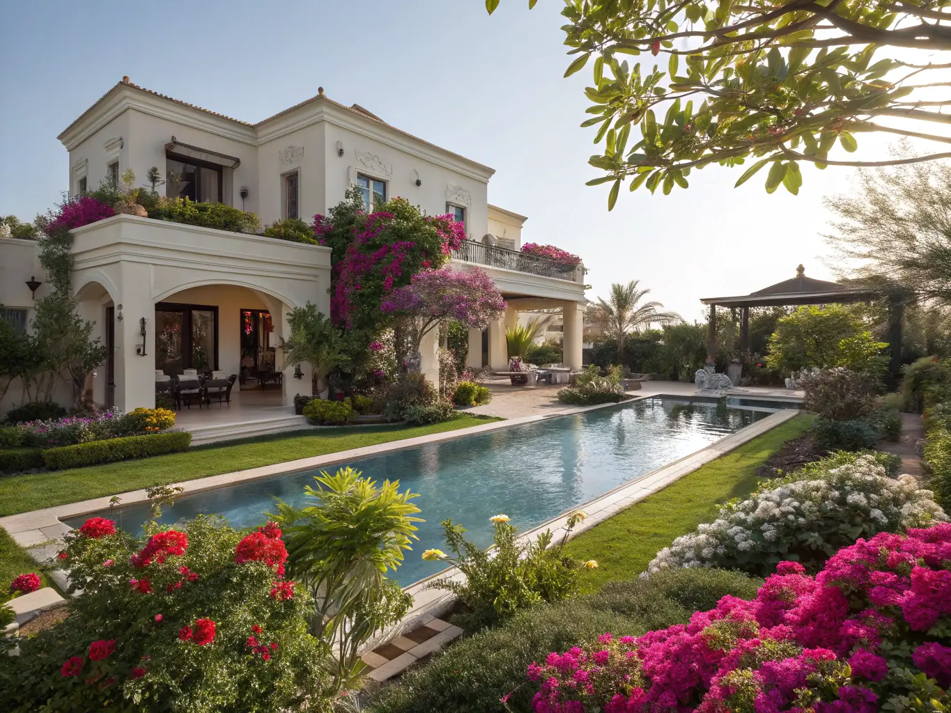 A luxurious villa in Marrakech, showcasing elegant Moroccan design, a private pool, and lush gardens, representing the epitome of opulent accommodation.